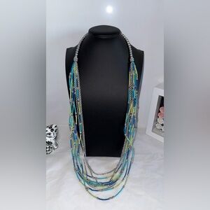 Chico’s Multi-Strand Beaded & Chain Necklace Blue Green Silver